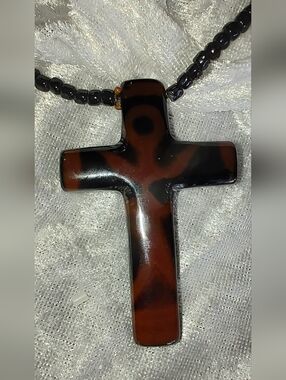 Stick Man Brown & Black Glass Cross Pendant On Glass Bead Necklace